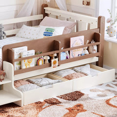 Bellemave® Kids Floor Bed with Storage Bookcases & Drawers, Solid Wood Montessori Floor Bed with Guardrails and Cute Stairs, No Box Spring Needed - Bellemave