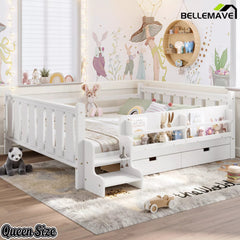 Bellemave® Kids Floor Bed with Storage Bookcases & Drawers, Solid Wood Montessori Floor Bed with Guardrails and Cute Stairs, No Box Spring Needed - Bellemave