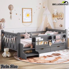 Bellemave® Kids Floor Bed with Storage Bookcases & Drawers, Solid Wood Montessori Floor Bed with Guardrails and Cute Stairs, No Box Spring Needed - Bellemave