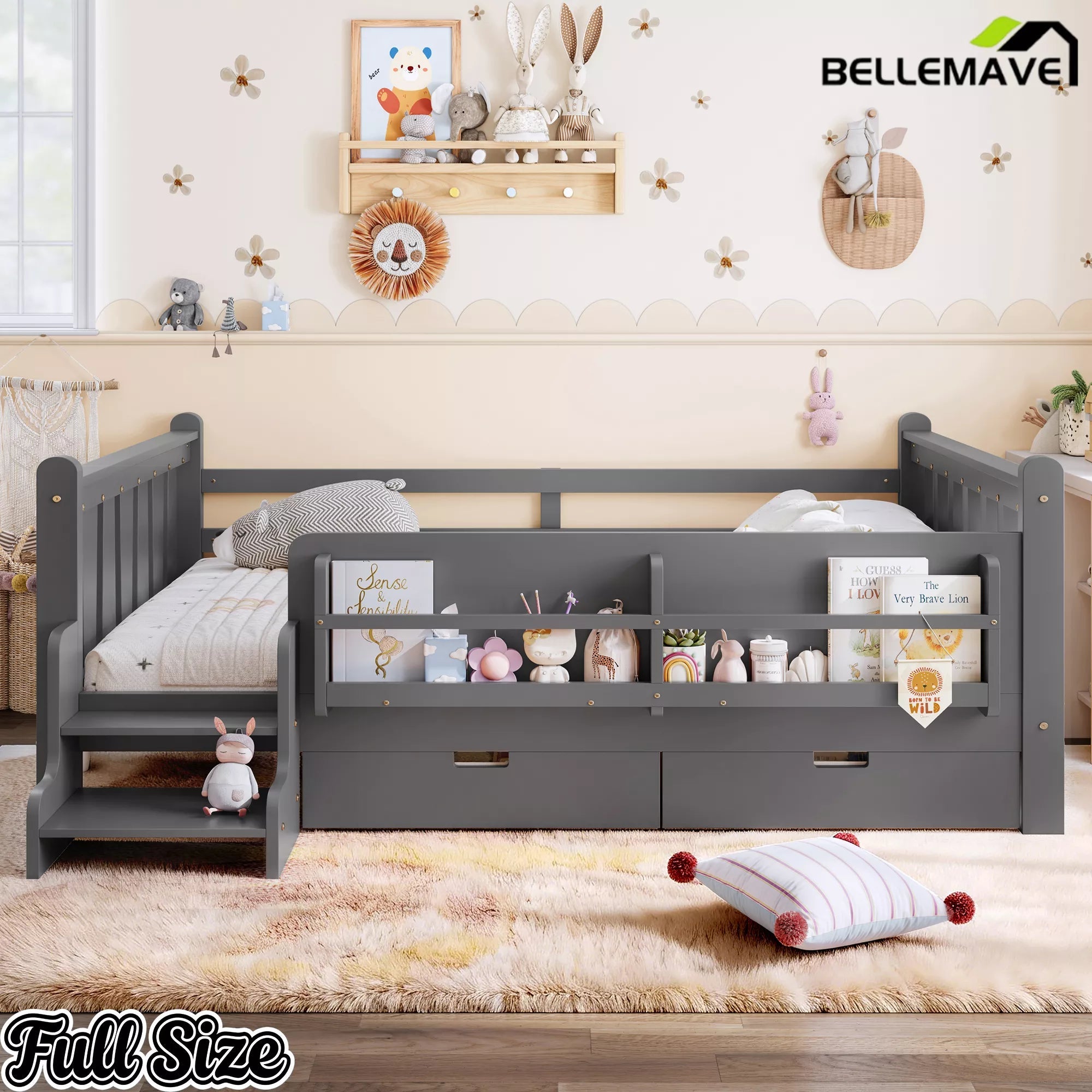 Bellemave® Kids Floor Bed with Storage Bookcases & Drawers, Solid Wood Montessori Floor Bed with Guardrails and Cute Stairs, No Box Spring Needed - Bellemave