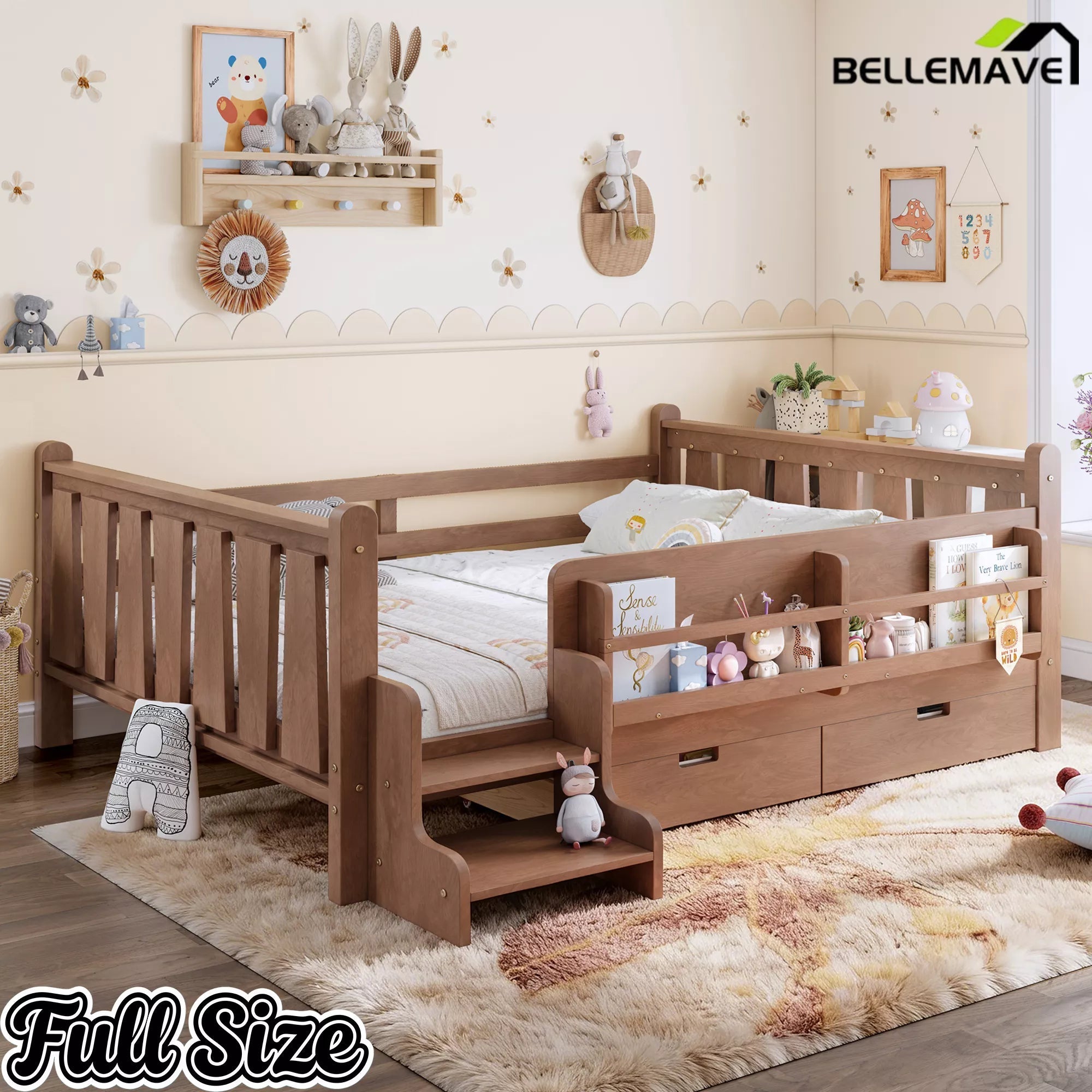 Bellemave® Kids Floor Bed with Storage Bookcases & Drawers, Solid Wood Montessori Floor Bed with Guardrails and Cute Stairs, No Box Spring Needed - Bellemave
