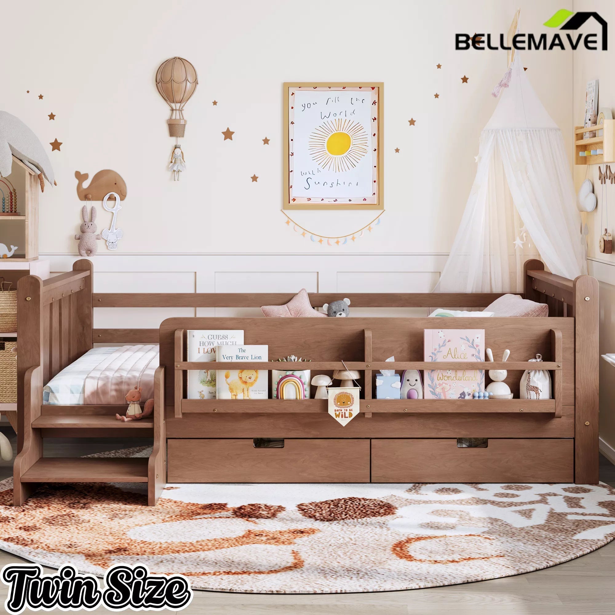Bellemave® Kids Floor Bed with Storage Bookcases & Drawers, Solid Wood Montessori Floor Bed with Guardrails and Cute Stairs, No Box Spring Needed - Bellemave