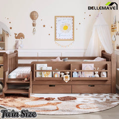 Bellemave® Kids Floor Bed with Storage Bookcases & Drawers, Solid Wood Montessori Floor Bed with Guardrails and Cute Stairs, No Box Spring Needed - Bellemave