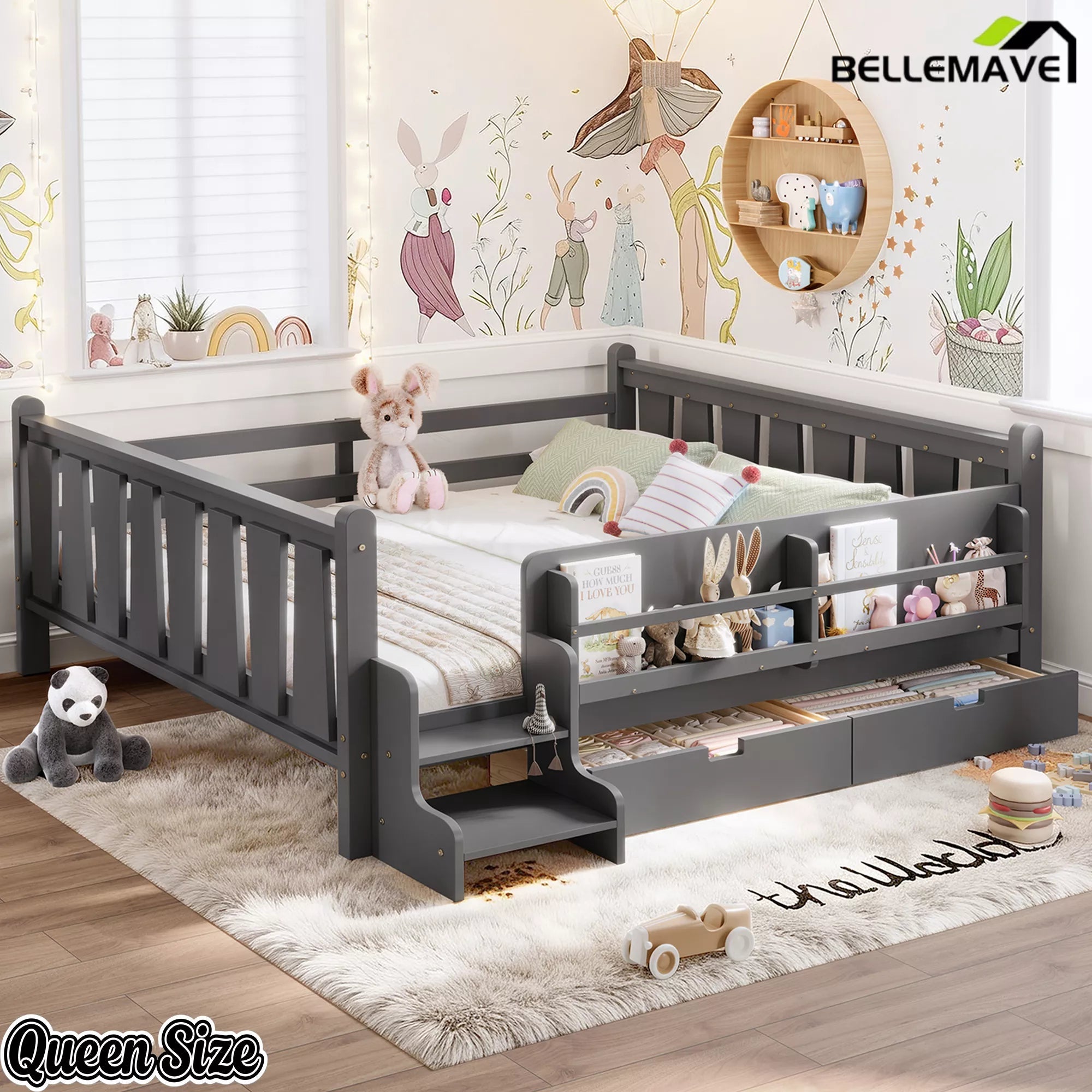 Bellemave® Kids Floor Bed with Storage Bookcases & Drawers, Solid Wood Montessori Floor Bed with Guardrails and Cute Stairs, No Box Spring Needed - Bellemave