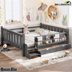 Bellemave® Kids Floor Bed with Storage Bookcases & Drawers, Solid Wood Montessori Floor Bed with Guardrails and Cute Stairs, No Box Spring Needed - Bellemave