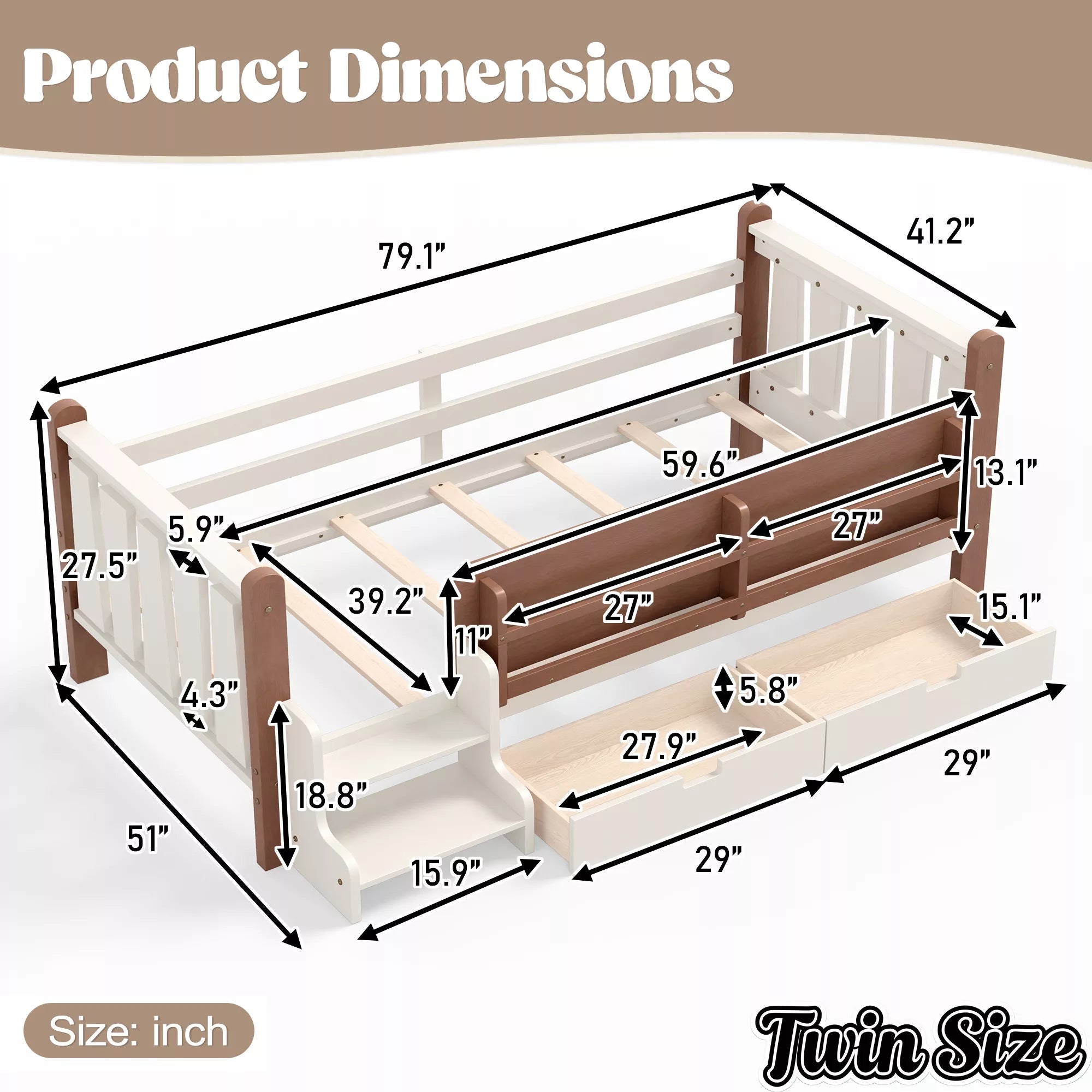 Bellemave® Kids Floor Bed with Storage Bookcases & Drawers, Solid Wood Montessori Floor Bed with Guardrails and Cute Stairs, No Box Spring Needed - Bellemave