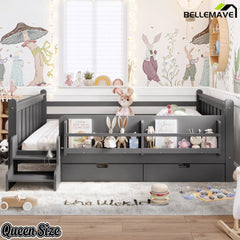 Bellemave® Kids Floor Bed with Storage Bookcases & Drawers, Solid Wood Montessori Floor Bed with Guardrails and Cute Stairs, No Box Spring Needed - Bellemave