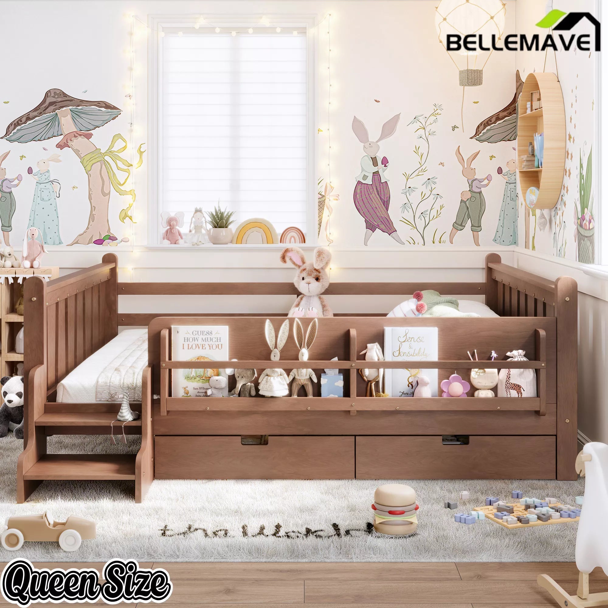 Bellemave® Kids Floor Bed with Storage Bookcases & Drawers, Solid Wood Montessori Floor Bed with Guardrails and Cute Stairs, No Box Spring Needed - Bellemave