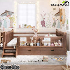 Bellemave® Kids Floor Bed with Storage Bookcases & Drawers, Solid Wood Montessori Floor Bed with Guardrails and Cute Stairs, No Box Spring Needed - Bellemave