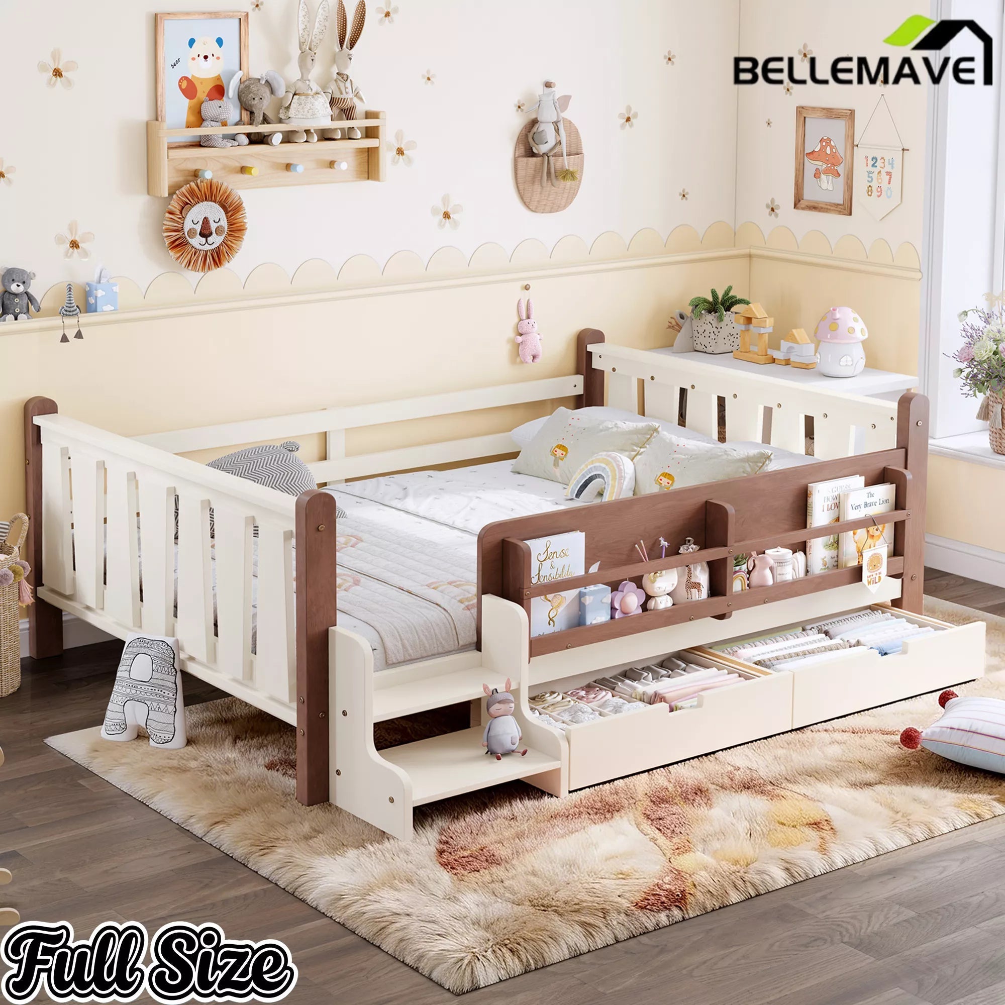 Bellemave® Kids Floor Bed with Storage Bookcases & Drawers, Solid Wood Montessori Floor Bed with Guardrails and Cute Stairs, No Box Spring Needed - Bellemave