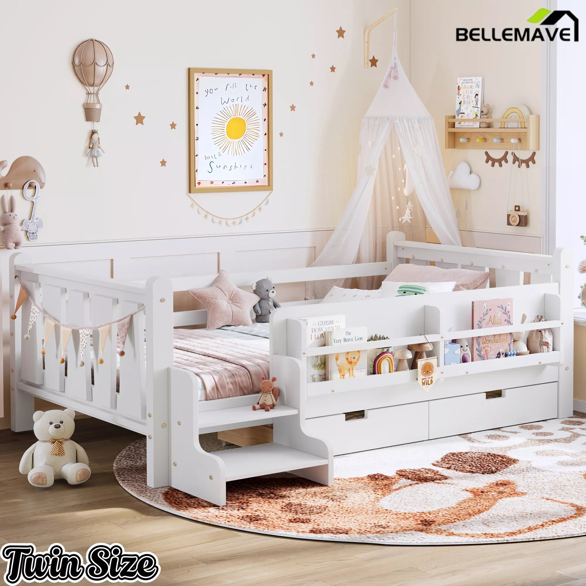 Bellemave® Kids Floor Bed with Storage Bookcases & Drawers, Solid Wood Montessori Floor Bed with Guardrails and Cute Stairs, No Box Spring Needed - Bellemave