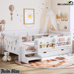 Bellemave® Kids Floor Bed with Storage Bookcases & Drawers, Solid Wood Montessori Floor Bed with Guardrails and Cute Stairs, No Box Spring Needed - Bellemave