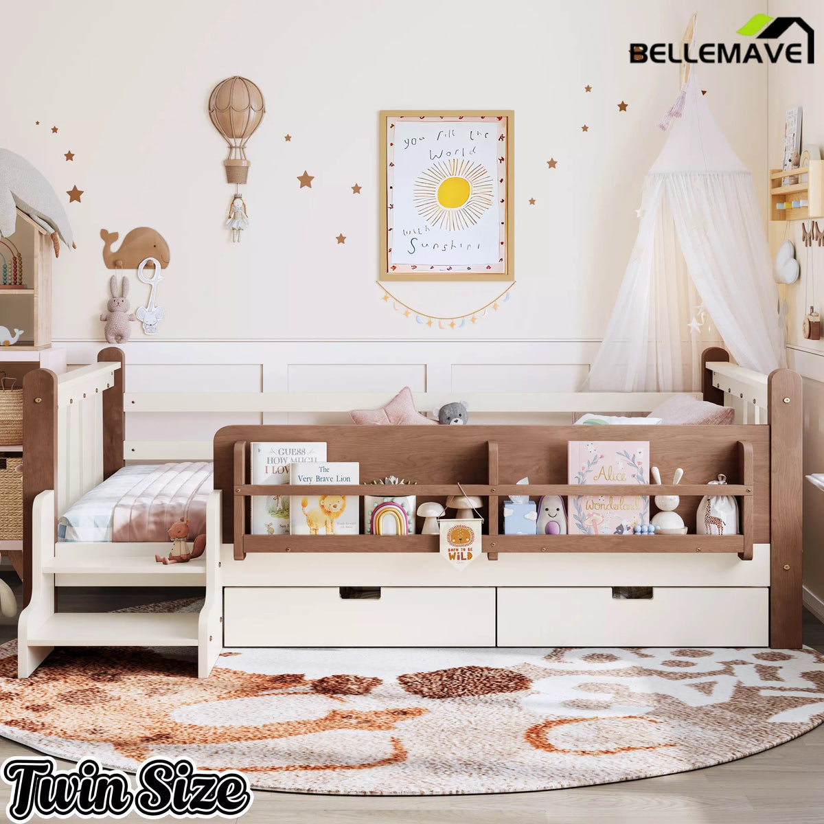 Bellemave® Kids Floor Bed with Storage Bookcases & Drawers, Solid Wood Montessori Floor Bed with Guardrails and Cute Stairs, No Box Spring Needed - Bellemave