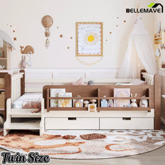 Bellemave® Kids Floor Bed with Storage Bookcases & Drawers, Solid Wood Montessori Floor Bed with Guardrails and Cute Stairs, No Box Spring Needed - Bellemave