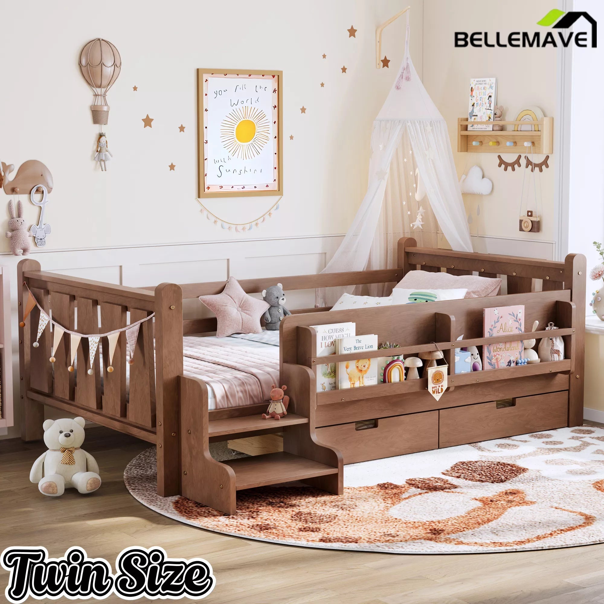 Bellemave® Kids Floor Bed with Storage Bookcases & Drawers, Solid Wood Montessori Floor Bed with Guardrails and Cute Stairs, No Box Spring Needed - Bellemave