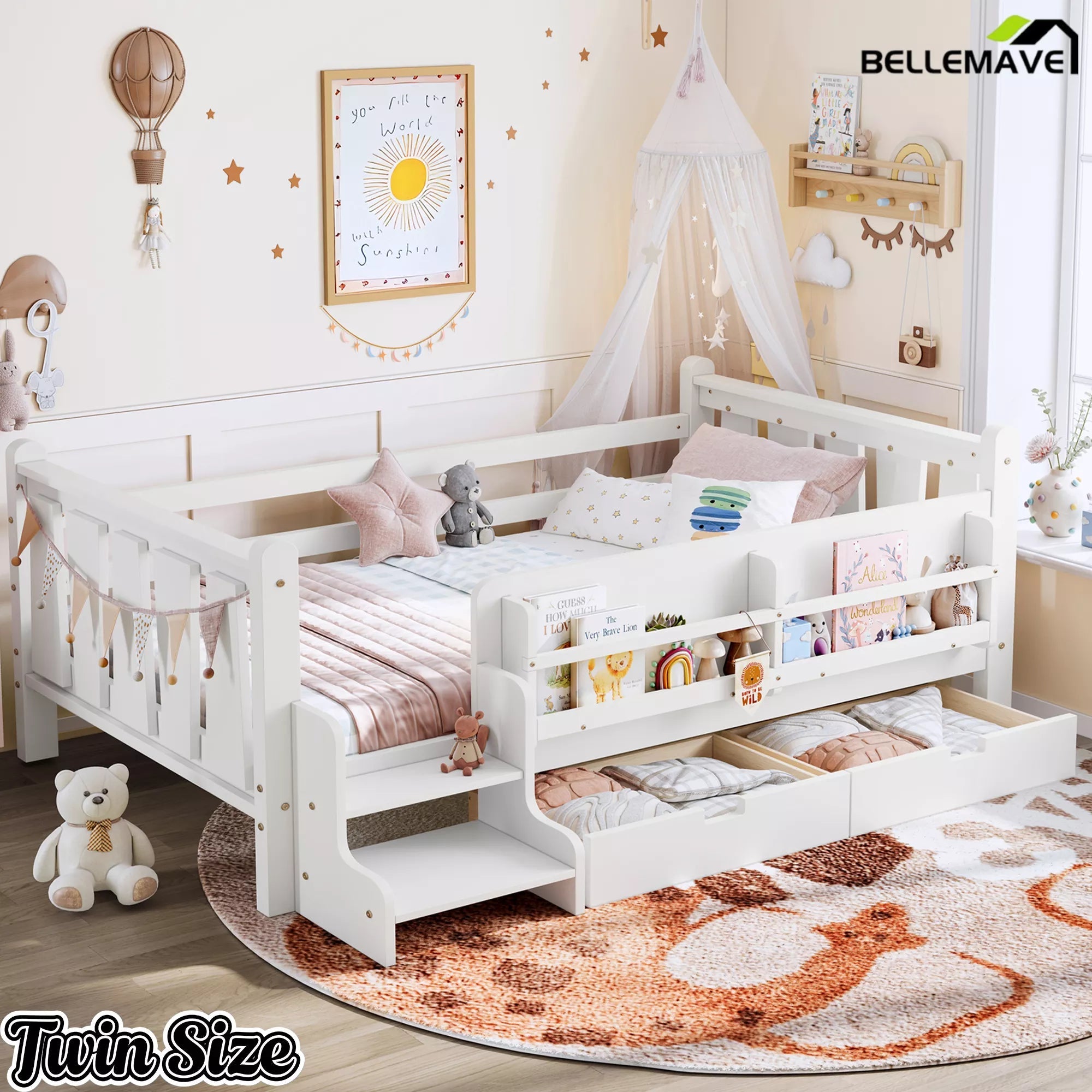 Bellemave® Kids Floor Bed with Storage Bookcases & Drawers, Solid Wood Montessori Floor Bed with Guardrails and Cute Stairs, No Box Spring Needed - Bellemave