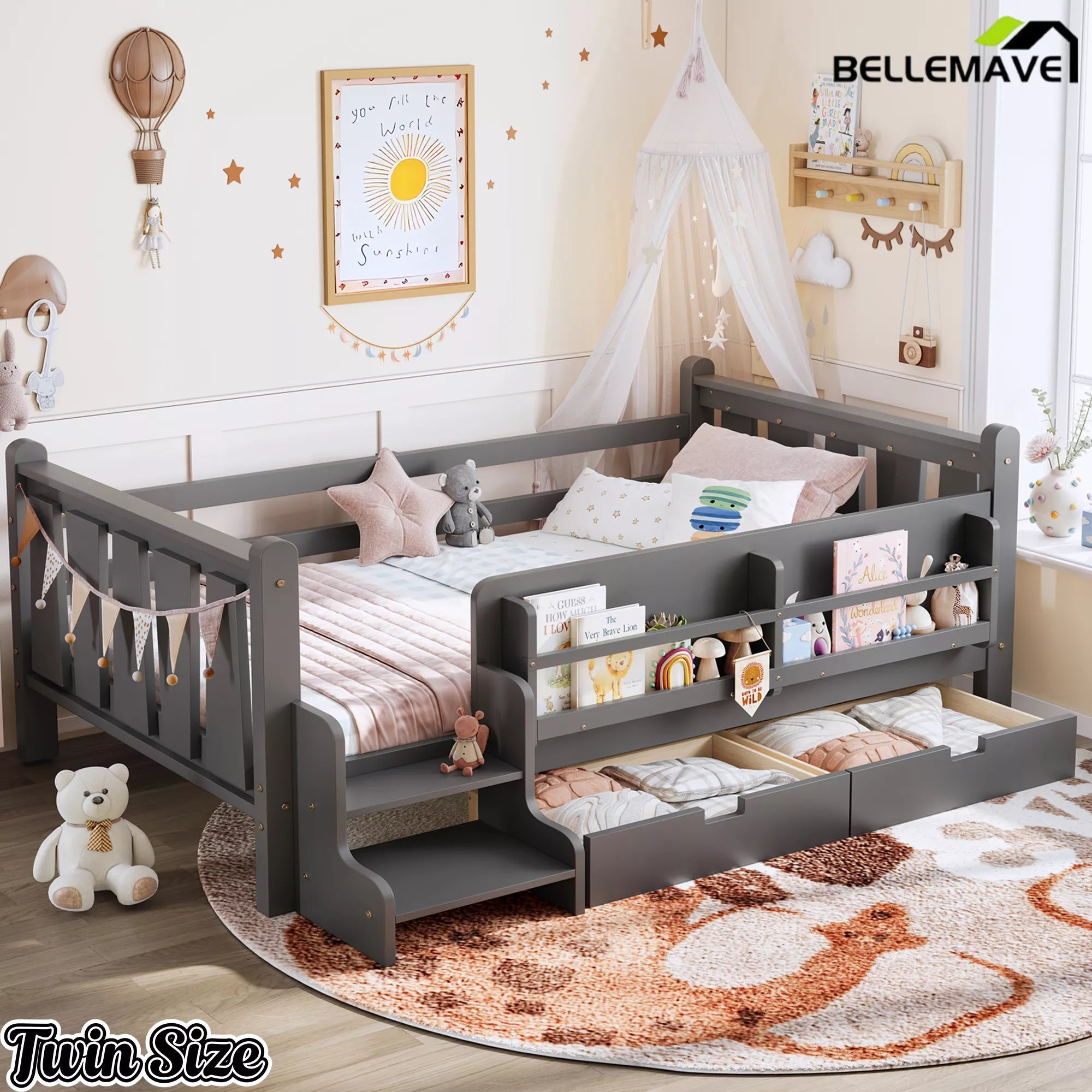 Bellemave® Kids Floor Bed with Storage Bookcases & Drawers, Solid Wood Montessori Floor Bed with Guardrails and Cute Stairs, No Box Spring Needed - Bellemave