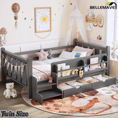 Bellemave® Kids Floor Bed with Storage Bookcases & Drawers, Solid Wood Montessori Floor Bed with Guardrails and Cute Stairs, No Box Spring Needed - Bellemave