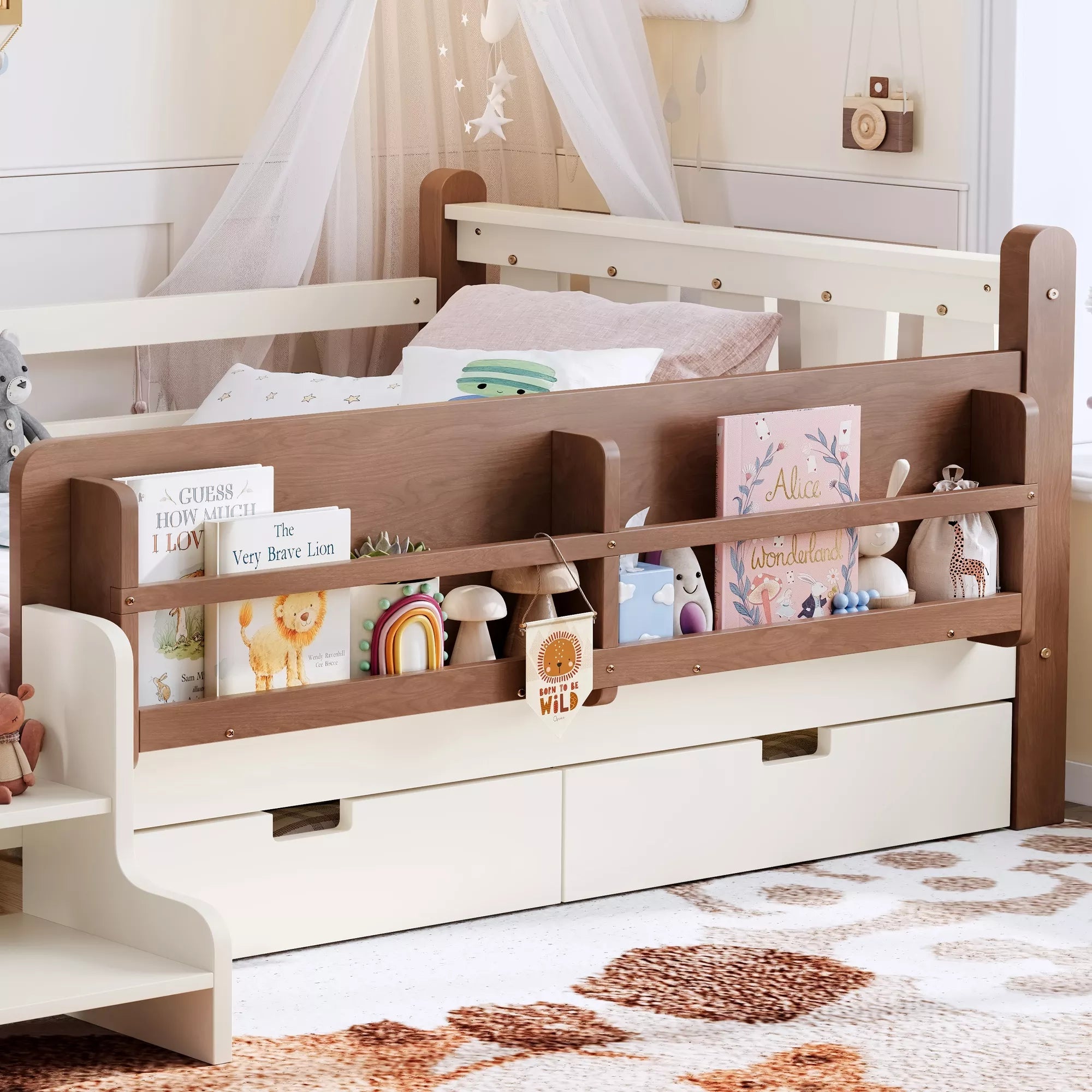Bellemave® Kids Floor Bed with Storage Bookcases & Drawers, Solid Wood Montessori Floor Bed with Guardrails and Cute Stairs, No Box Spring Needed - Bellemave