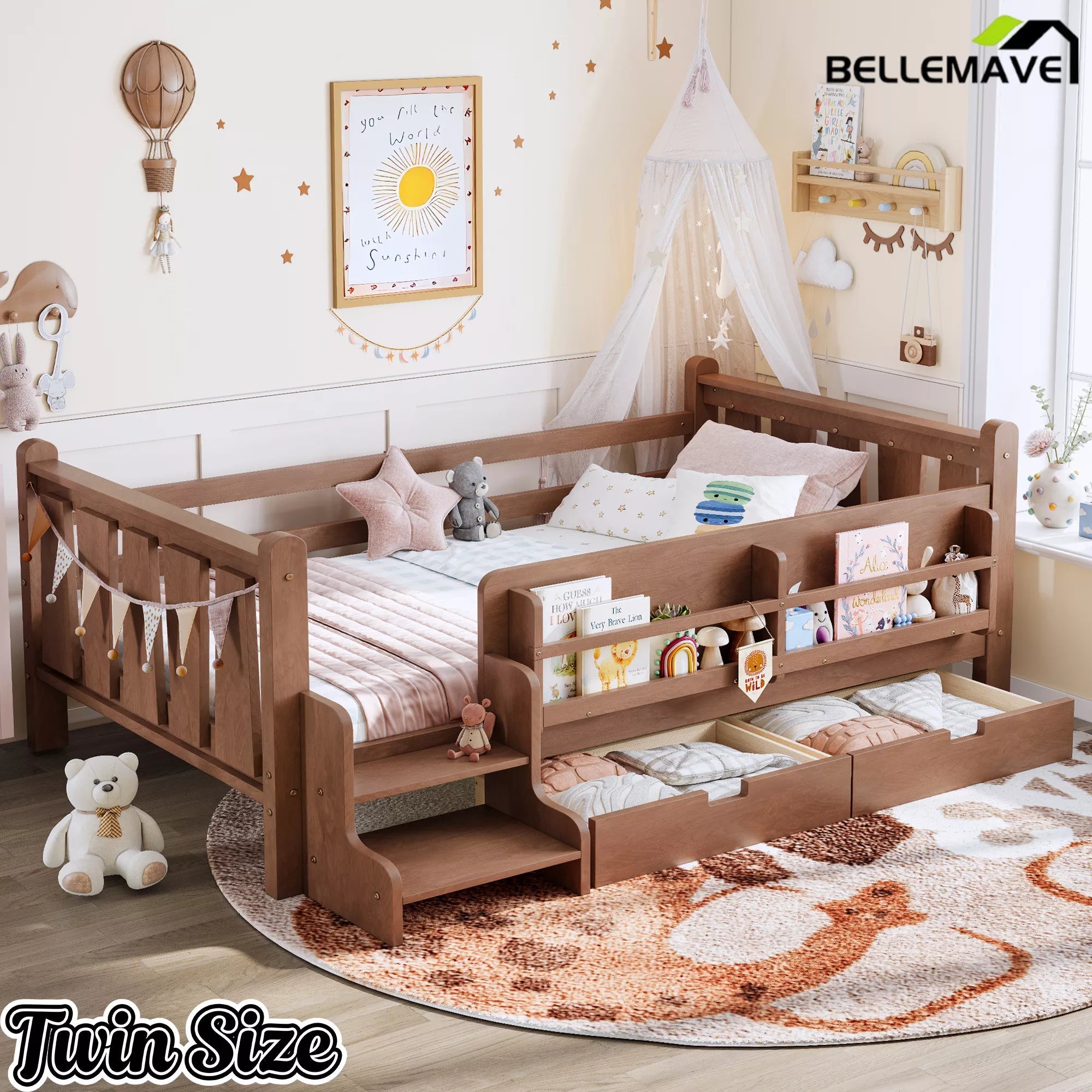 Bellemave® Kids Floor Bed with Storage Bookcases & Drawers, Solid Wood Montessori Floor Bed with Guardrails and Cute Stairs, No Box Spring Needed - Bellemave