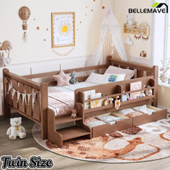 Bellemave® Kids Floor Bed with Storage Bookcases & Drawers, Solid Wood Montessori Floor Bed with Guardrails and Cute Stairs, No Box Spring Needed - Bellemave