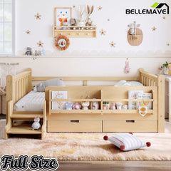 Bellemave® Kids Floor Bed with Storage Bookcases & Drawers, Solid Wood Montessori Floor Bed with Guardrails and Cute Stairs, No Box Spring Needed - Bellemave