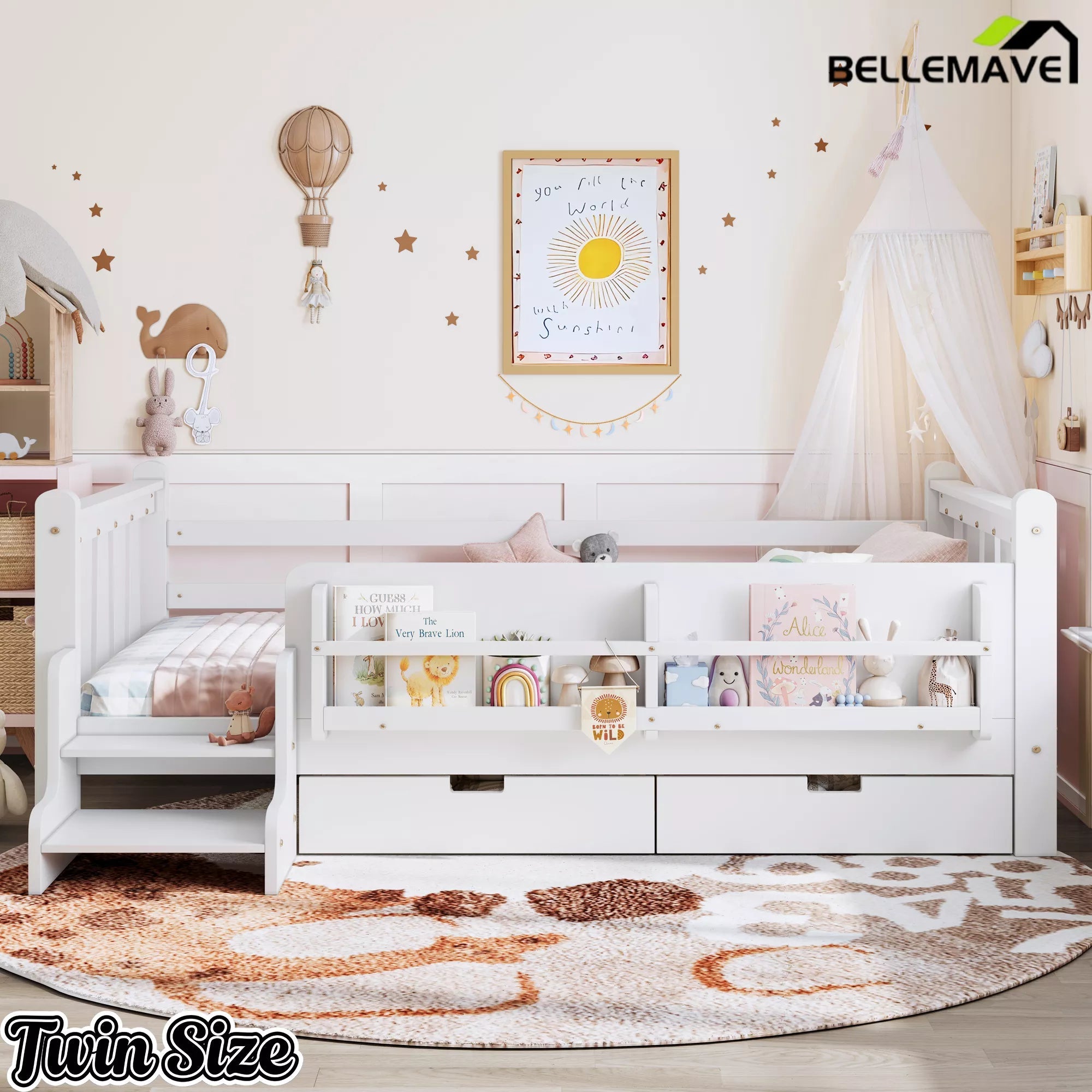 Bellemave® Kids Floor Bed with Storage Bookcases & Drawers, Solid Wood Montessori Floor Bed with Guardrails and Cute Stairs, No Box Spring Needed - Bellemave