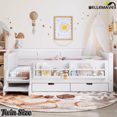 Bellemave® Kids Floor Bed with Storage Bookcases & Drawers, Solid Wood Montessori Floor Bed with Guardrails and Cute Stairs, No Box Spring Needed - Bellemave
