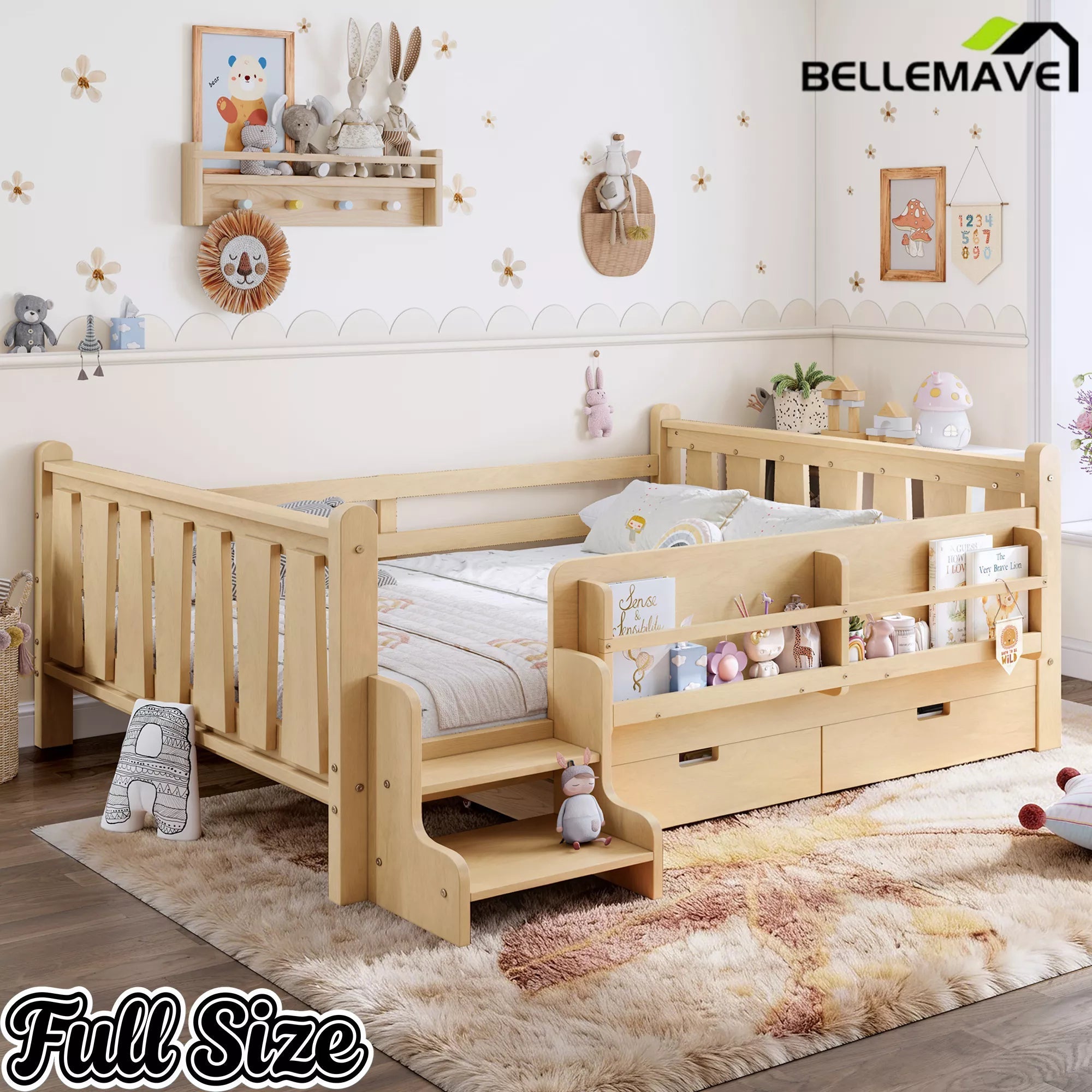 Bellemave® Kids Floor Bed with Storage Bookcases & Drawers, Solid Wood Montessori Floor Bed with Guardrails and Cute Stairs, No Box Spring Needed - Bellemave