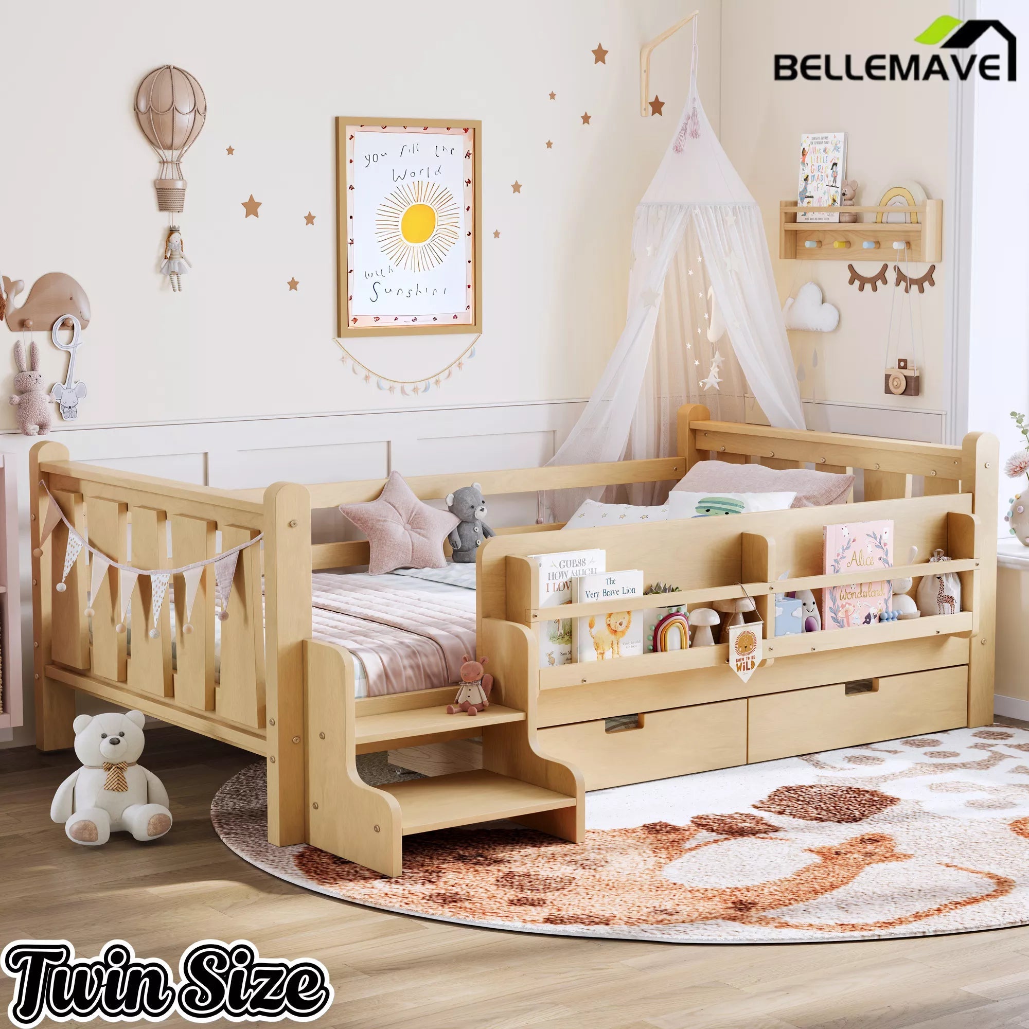 Bellemave® Kids Floor Bed with Storage Bookcases & Drawers, Solid Wood Montessori Floor Bed with Guardrails and Cute Stairs, No Box Spring Needed - Bellemave
