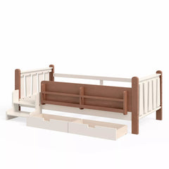 Bellemave® Kids Floor Bed with Storage Bookcases & Drawers, Solid Wood Montessori Floor Bed with Guardrails and Cute Stairs, No Box Spring Needed - Bellemave