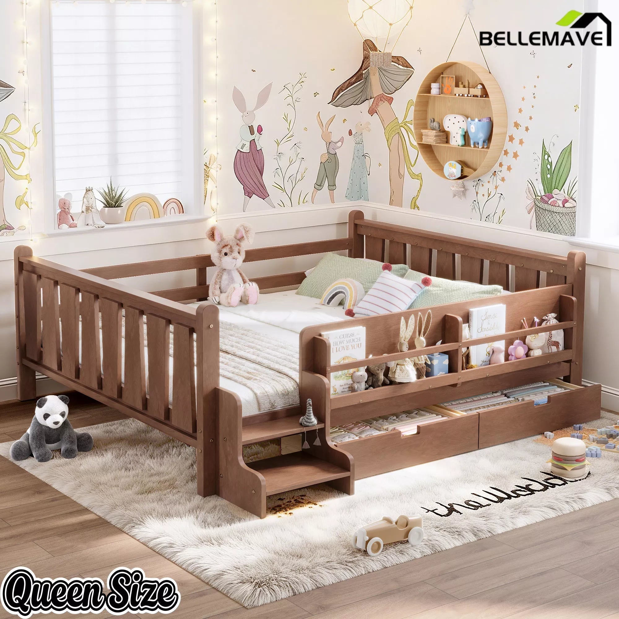 Bellemave® Kids Floor Bed with Storage Bookcases & Drawers, Solid Wood Montessori Floor Bed with Guardrails and Cute Stairs, No Box Spring Needed - Bellemave