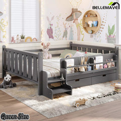Bellemave® Kids Floor Bed with Storage Bookcases & Drawers, Solid Wood Montessori Floor Bed with Guardrails and Cute Stairs, No Box Spring Needed - Bellemave