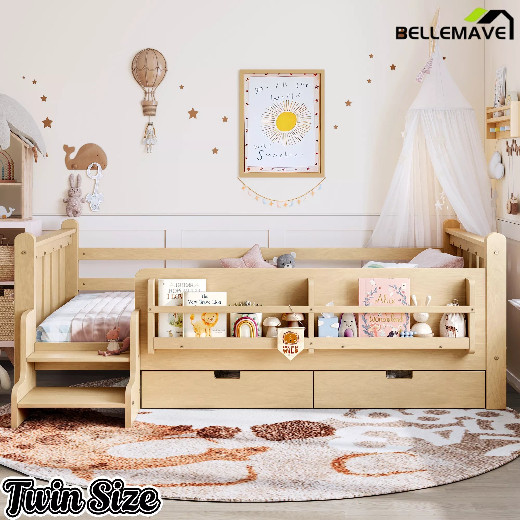 Bellemave® Kids Floor Bed with Storage Bookcases & Drawers, Solid Wood Montessori Floor Bed with Guardrails and Cute Stairs, No Box Spring Needed - Bellemave