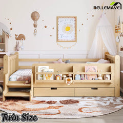 Bellemave® Kids Floor Bed with Storage Bookcases & Drawers, Solid Wood Montessori Floor Bed with Guardrails and Cute Stairs, No Box Spring Needed - Bellemave