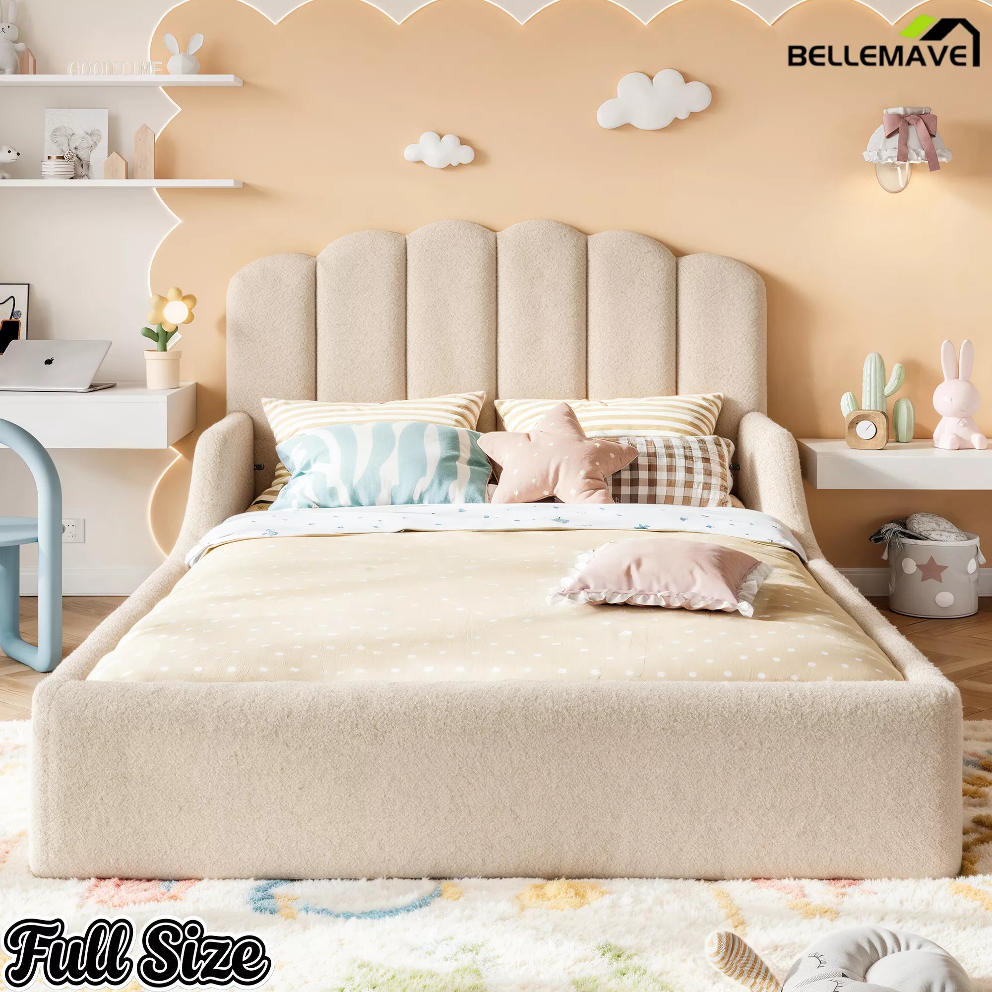 Bellemave® Kids Floor Bed with Teddy Fabric Upholstery and Shell-Shaped Headboard - Bellemave