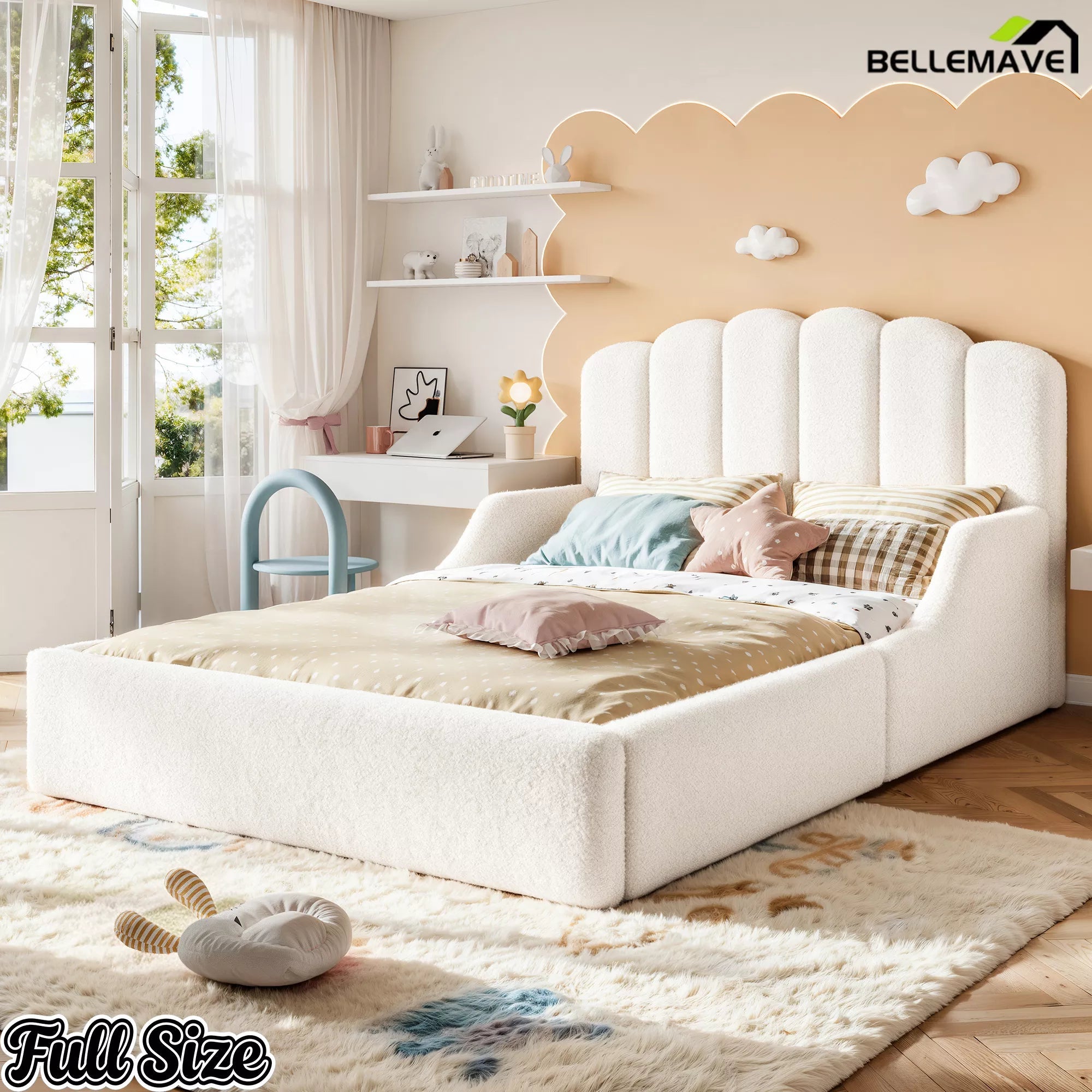 Bellemave® Kids Floor Bed with Teddy Fabric Upholstery and Shell-Shaped Headboard - Bellemave