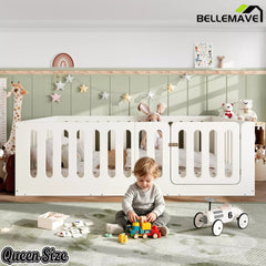 Bellemave® Kids Floor Bed, Wooden Montessori Floor Bed with Fence and Door, Twin Full Queen Size Available, Low Profile Design with No Box Spring Needed - Bellemave