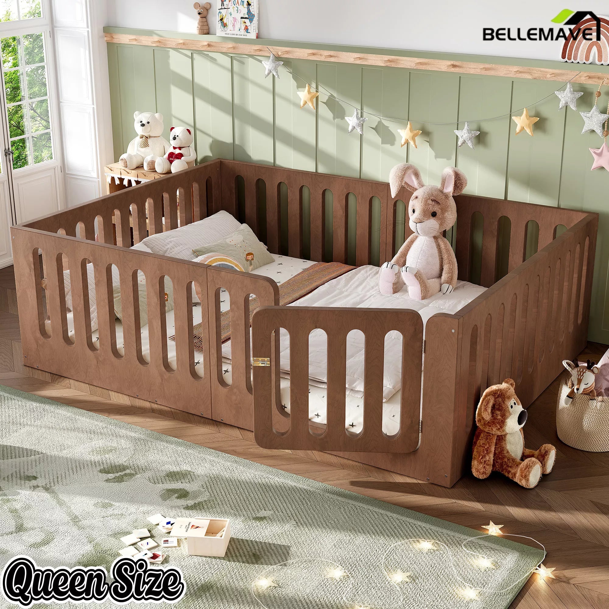 Bellemave® Kids Floor Bed, Wooden Montessori Floor Bed with Fence and Door, Twin Full Queen Size Available, Low Profile Design with No Box Spring Needed - Bellemave