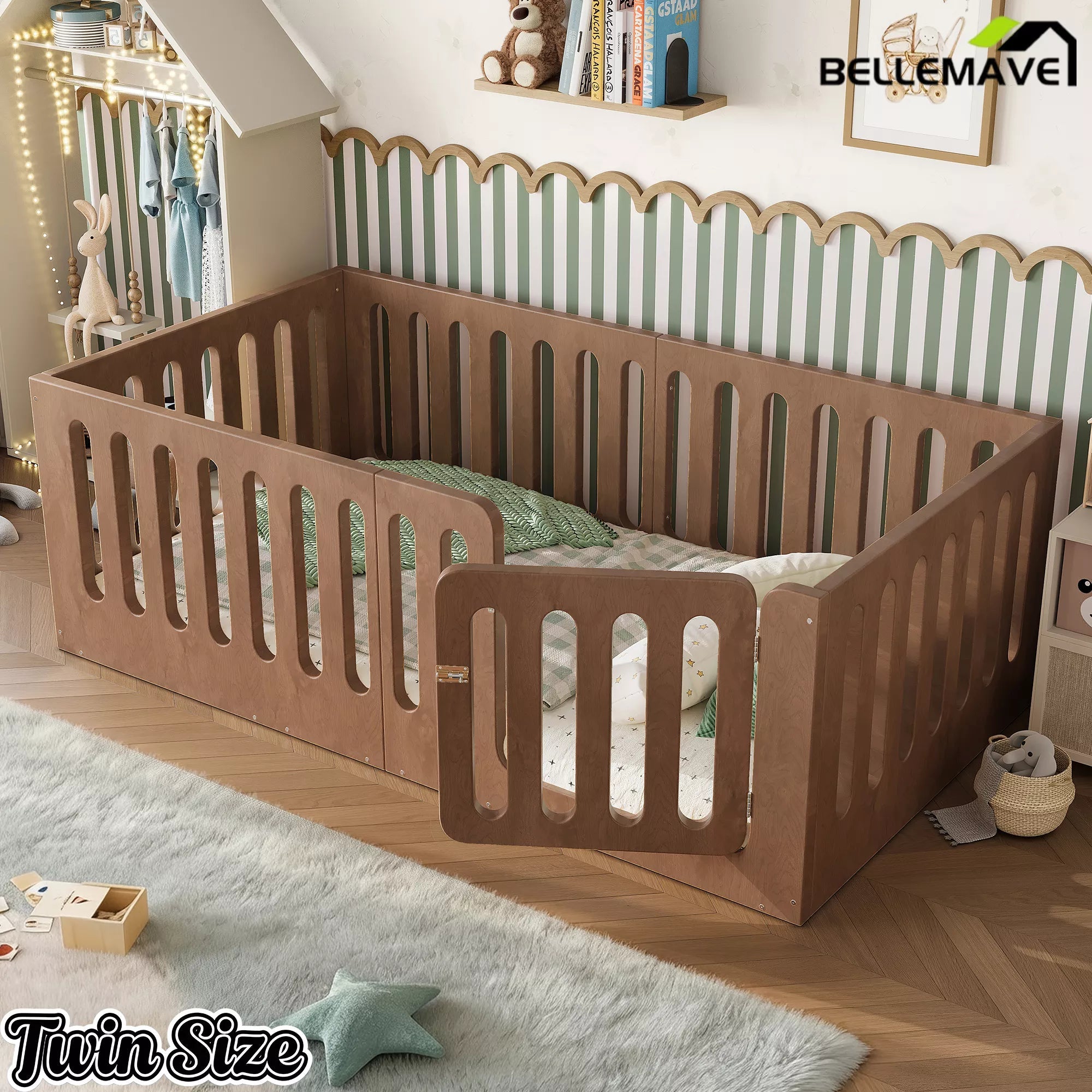 Bellemave® Kids Floor Bed, Wooden Montessori Floor Bed with Fence and Door, Twin Full Queen Size Available, Low Profile Design with No Box Spring Needed - Bellemave