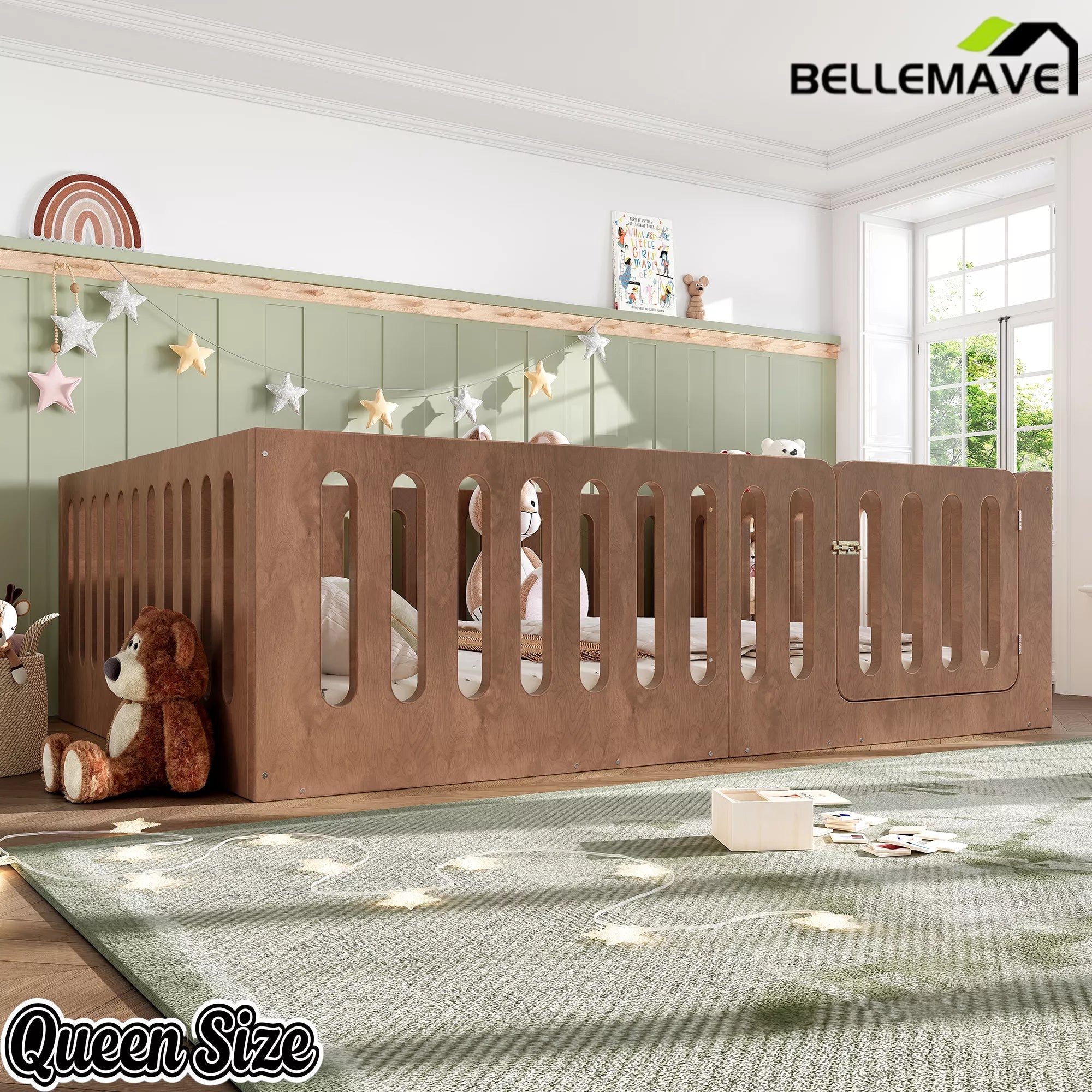 Bellemave® Kids Floor Bed, Wooden Montessori Floor Bed with Fence and Door, Twin Full Queen Size Available, Low Profile Design with No Box Spring Needed - Bellemave