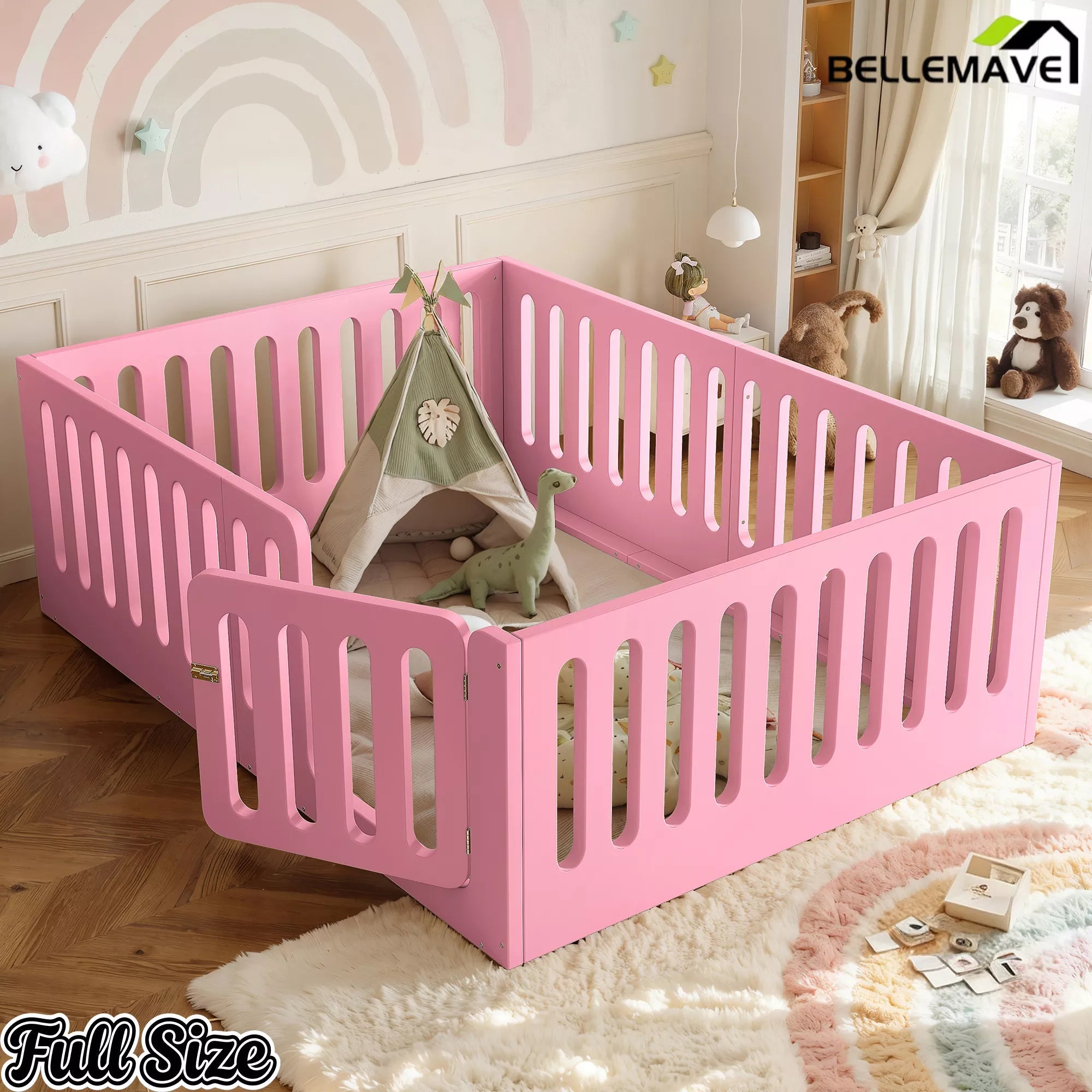Bellemave® Kids Floor Bed, Wooden Montessori Floor Bed with Fence and Door, Twin Full Queen Size Available, Low Profile Design with No Box Spring Needed - Bellemave