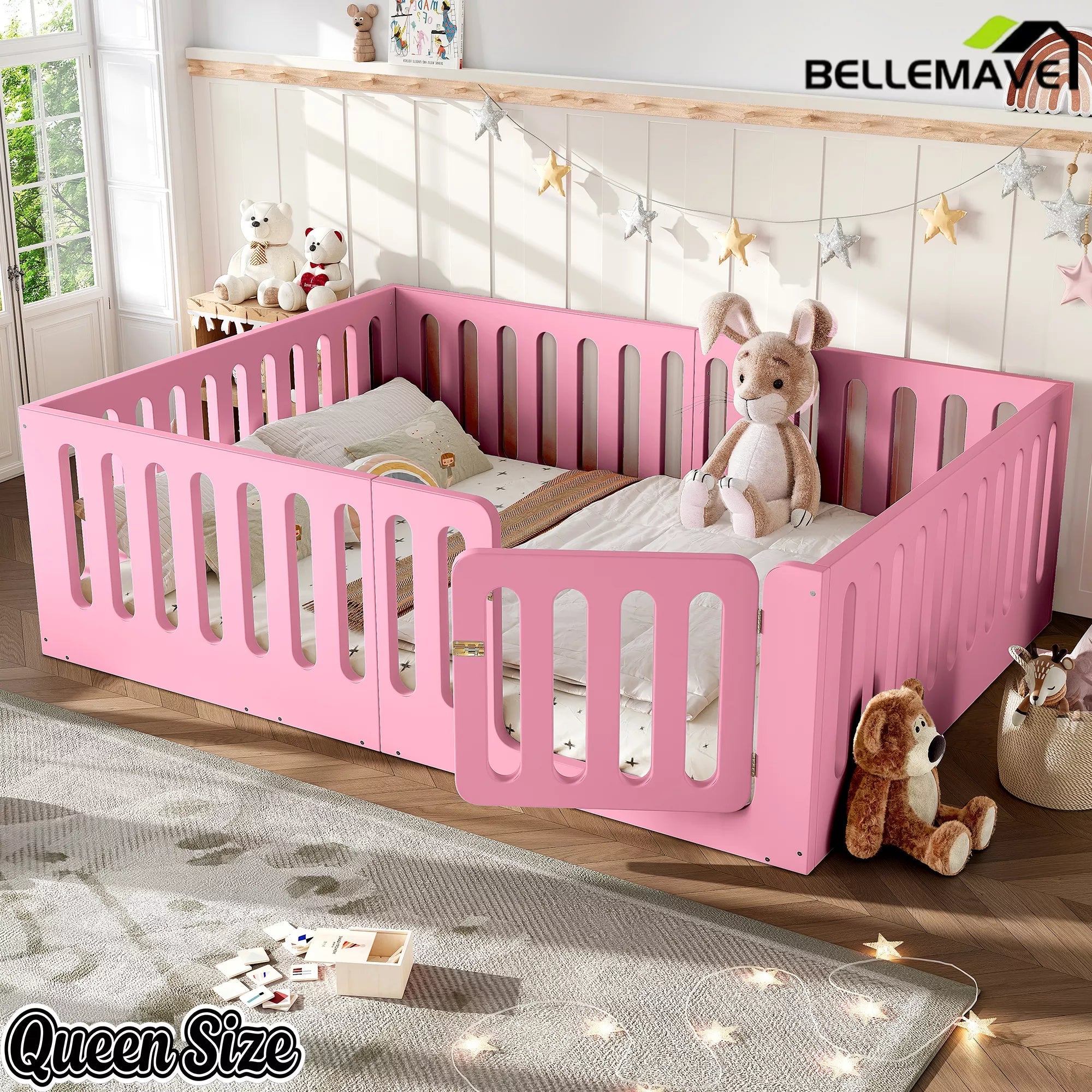 Bellemave® Kids Floor Bed, Wooden Montessori Floor Bed with Fence and Door, Twin Full Queen Size Available, Low Profile Design with No Box Spring Needed - Bellemave