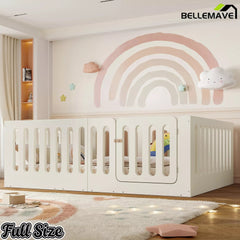 Bellemave® Kids Floor Bed, Wooden Montessori Floor Bed with Fence and Door, Twin Full Queen Size Available, Low Profile Design with No Box Spring Needed - Bellemave