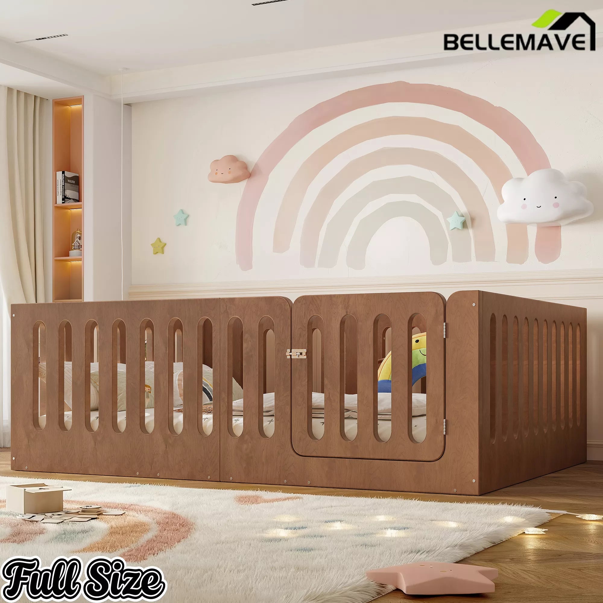 Bellemave® Kids Floor Bed, Wooden Montessori Floor Bed with Fence and Door, Twin Full Queen Size Available, Low Profile Design with No Box Spring Needed - Bellemave
