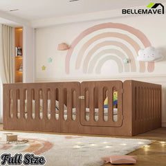 Bellemave® Kids Floor Bed, Wooden Montessori Floor Bed with Fence and Door, Twin Full Queen Size Available, Low Profile Design with No Box Spring Needed - Bellemave