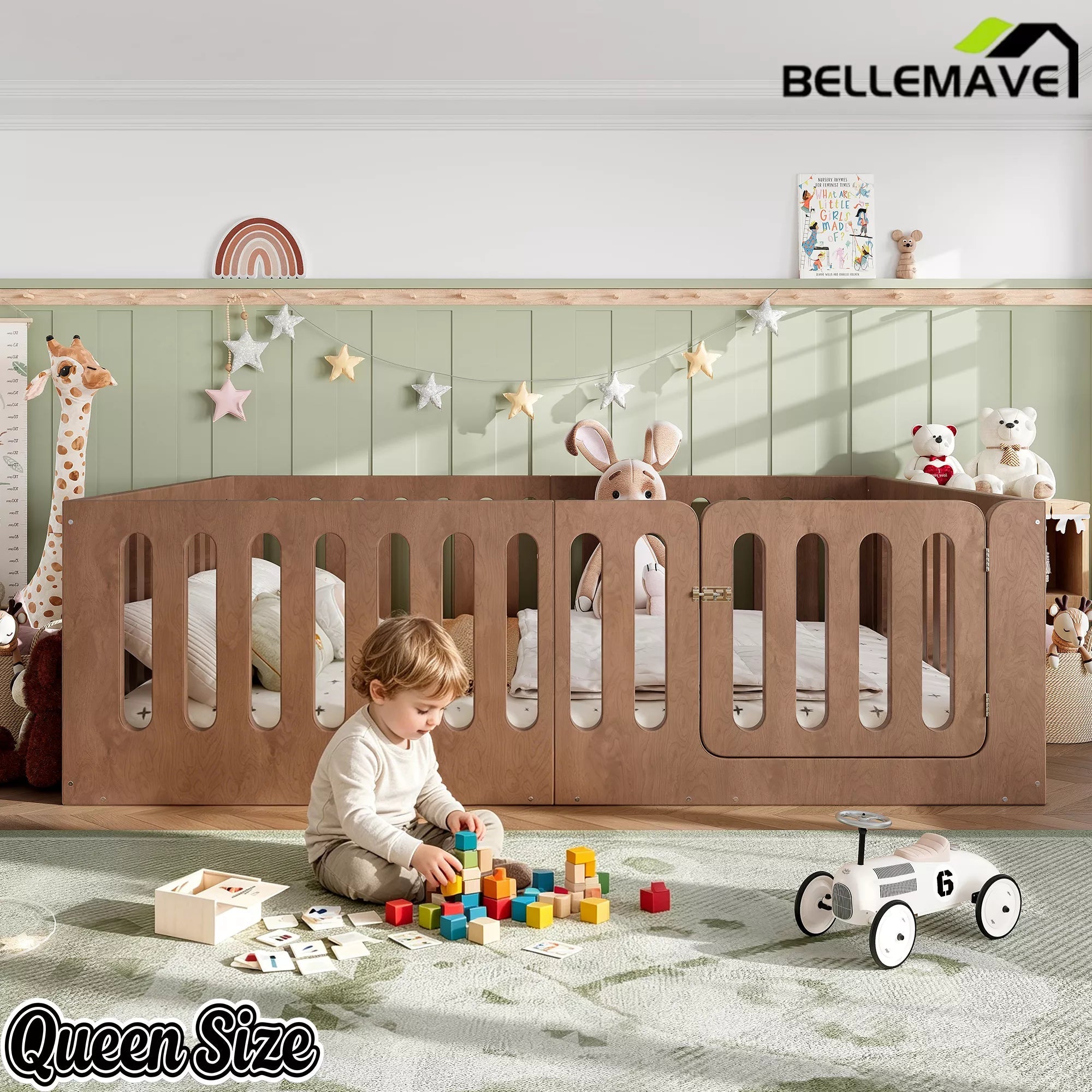 Bellemave® Kids Floor Bed, Wooden Montessori Floor Bed with Fence and Door, Twin Full Queen Size Available, Low Profile Design with No Box Spring Needed - Bellemave
