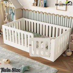 Bellemave® Kids Floor Bed, Wooden Montessori Floor Bed with Fence and Door, Twin Full Queen Size Available, Low Profile Design with No Box Spring Needed - Bellemave