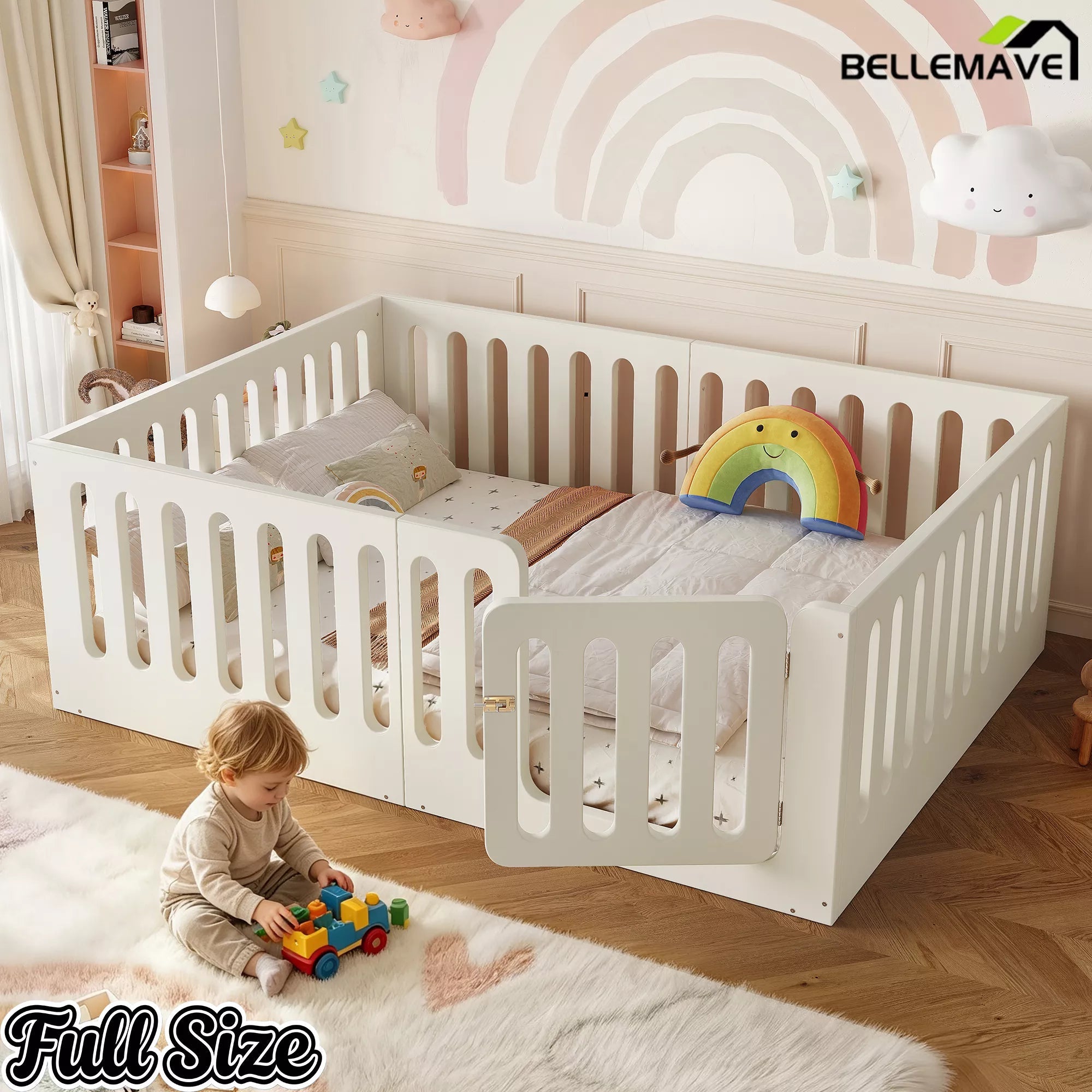 Bellemave® Kids Floor Bed, Wooden Montessori Floor Bed with Fence and Door, Twin Full Queen Size Available, Low Profile Design with No Box Spring Needed - Bellemave