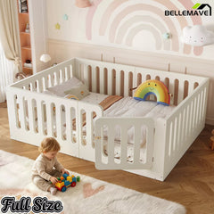 Bellemave® Kids Floor Bed, Wooden Montessori Floor Bed with Fence and Door, Twin Full Queen Size Available, Low Profile Design with No Box Spring Needed - Bellemave